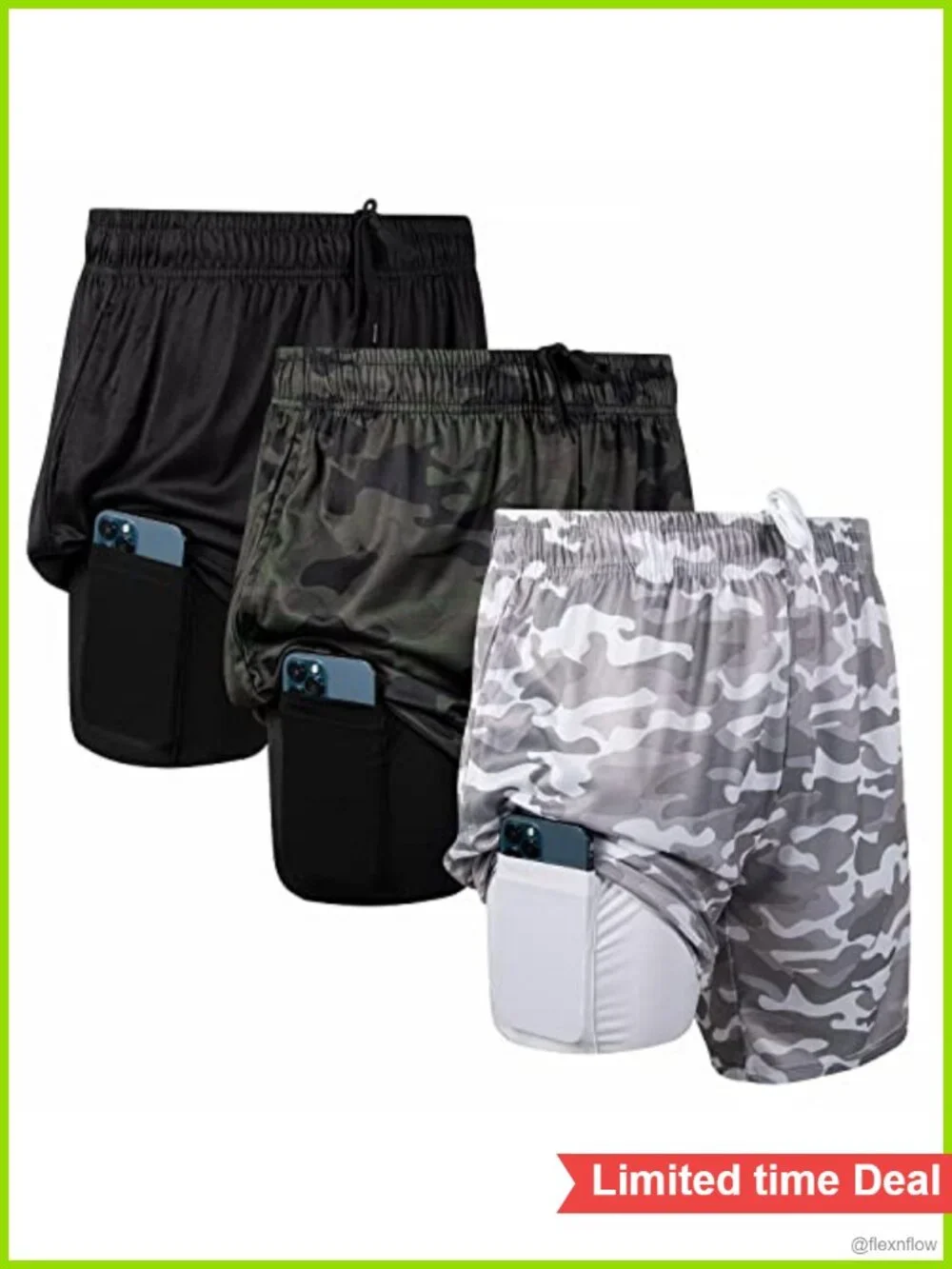 3 Pack Men's 2-in-1 Compression Workout Shorts with Liner & Phone Pocket